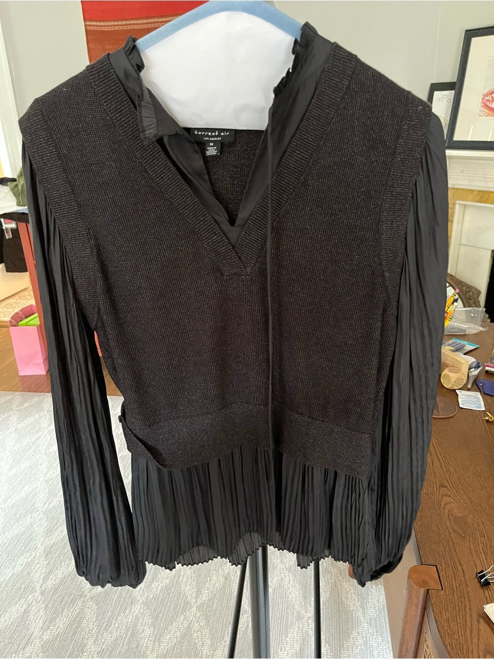 Current Air Black V-Neck Knit Pullover with Pleated Chiffon Hem & Sleeves